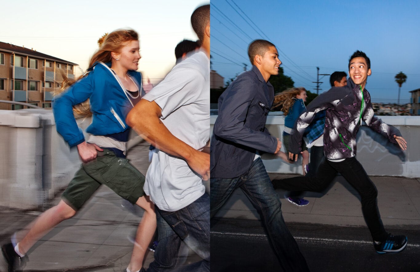 Youth crew running at night