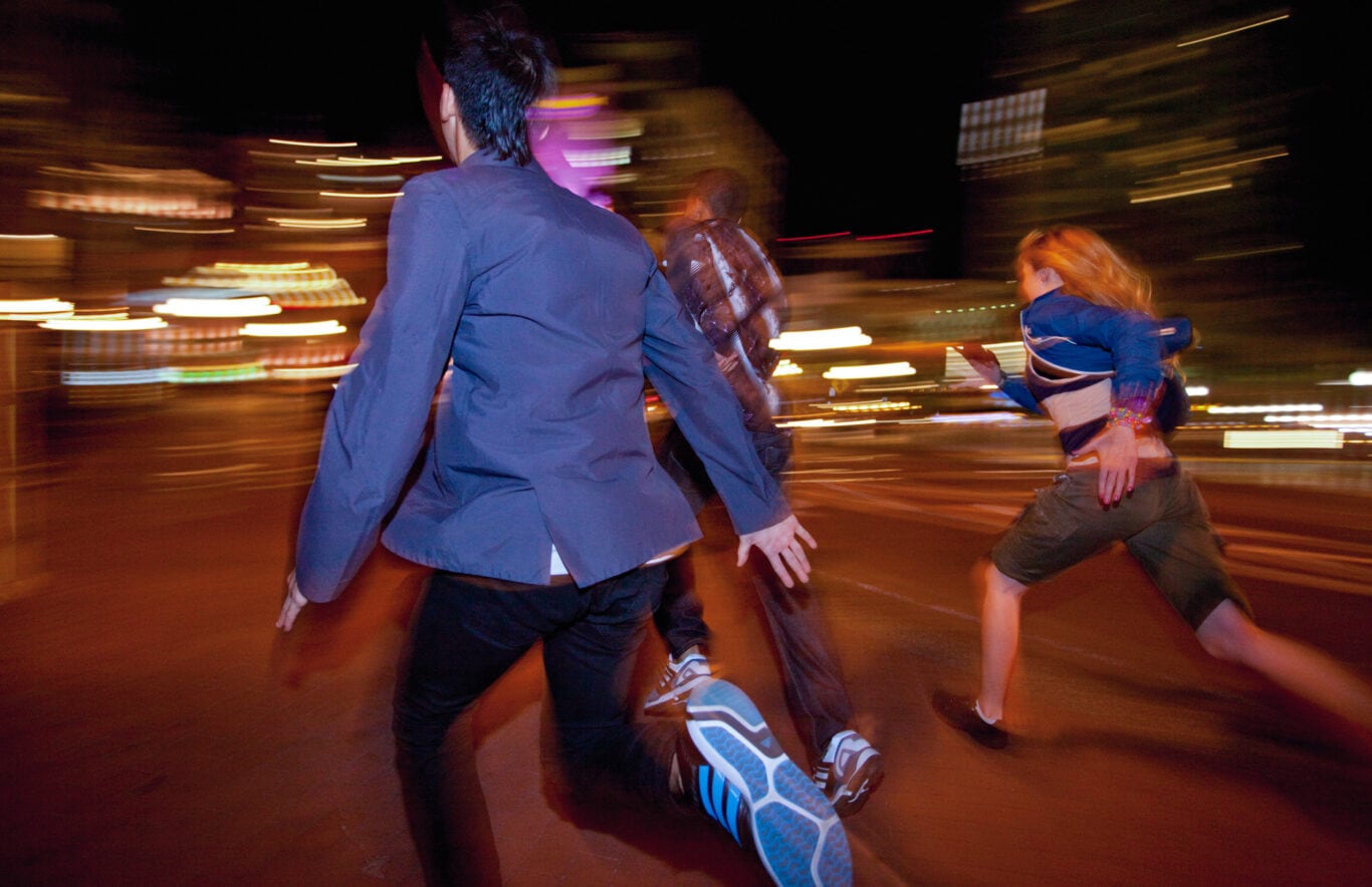 Youth crew running at night