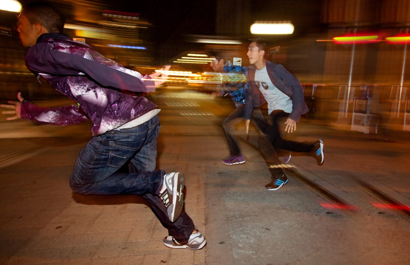 Youth crew running at night