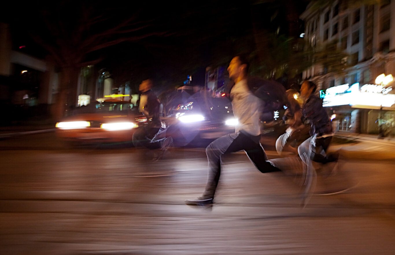 Youth crew running at night