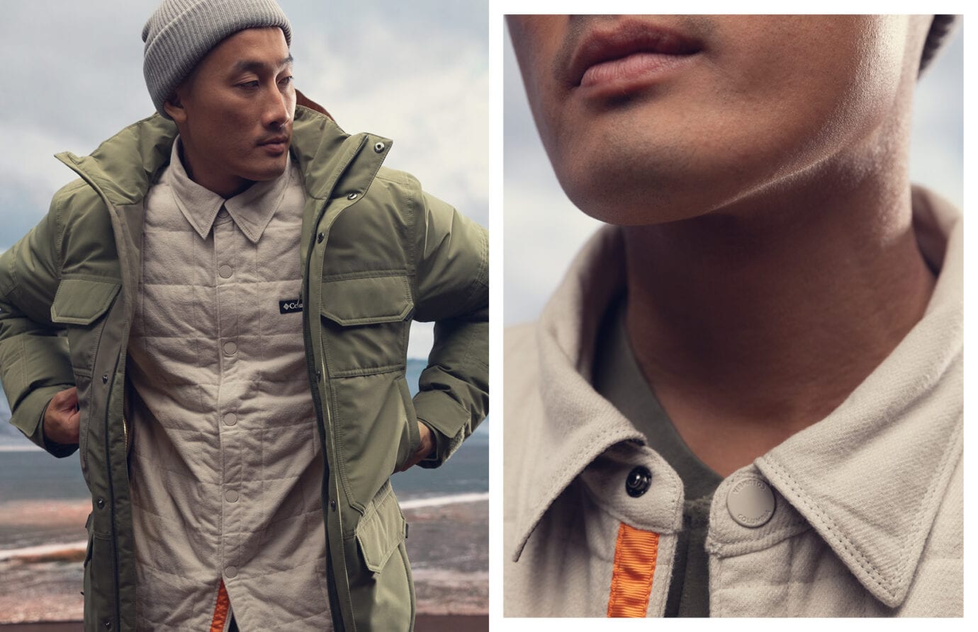 Portrait of a young man wearing outdoor gear, captured in a natural setting with a moody sky.