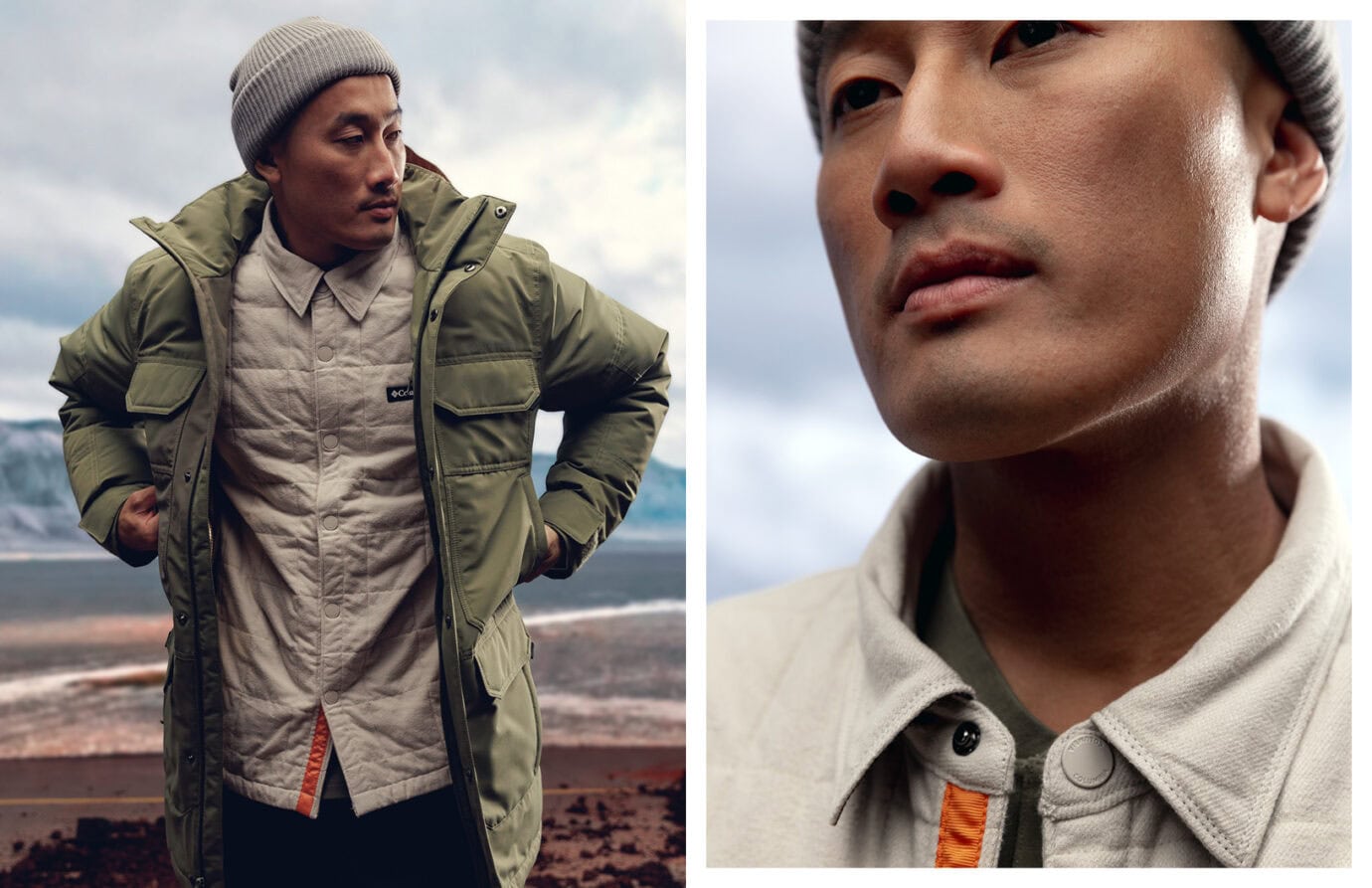 Portrait of a young man wearing outdoor gear, captured in a natural setting with a moody sky.